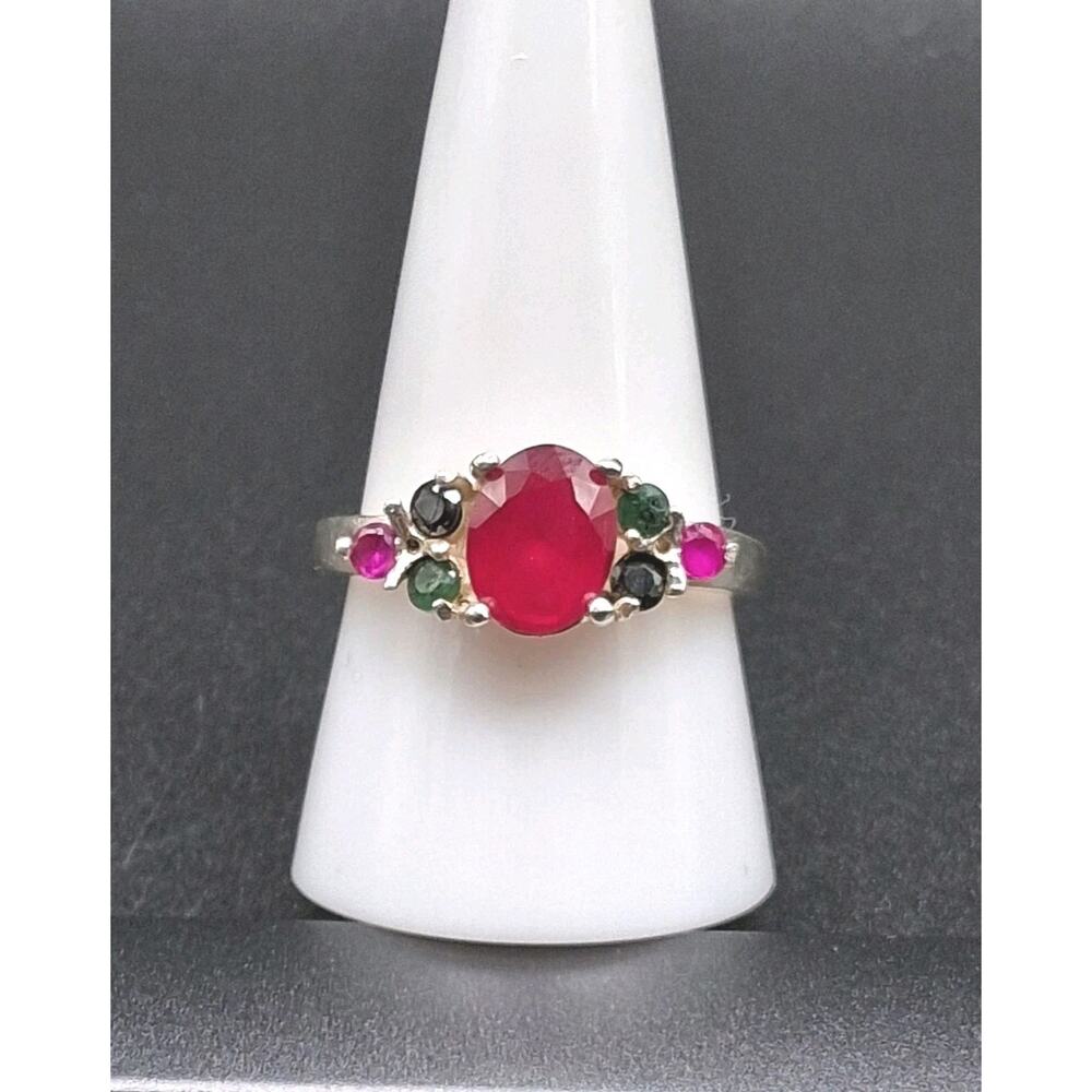 Ruby, Emerald, Onyx Cocktail Ring, Size 9.75 Real Gemstone, 925 Sterling Silver